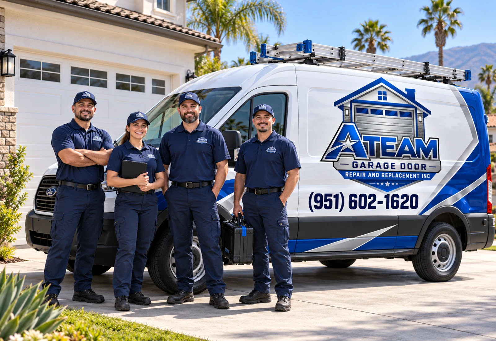 A Team Garage Door service team beside company van