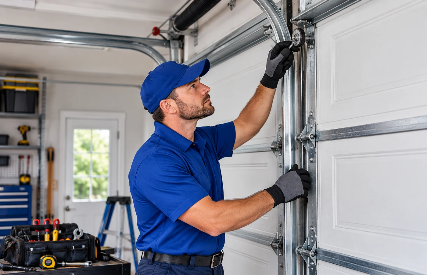 Garage door technician performing repair service